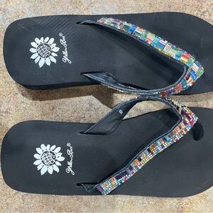 Yellow Box Black Sandals with Geometric Straps